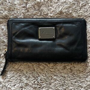 Kenneth Cole Black Leather Zip-Around Wallet with Silver Plate